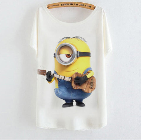 2015 Casual Tee Shirt Femme Graphic Tees Design Print Cartoon Minions T Shirt Women Tops Batwing Short Sleeve White Tshirt