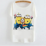2015 Casual Tee Shirt Femme Graphic Tees Design Print Cartoon Minions T Shirt Women Tops Batwing Short Sleeve White Tshirt
